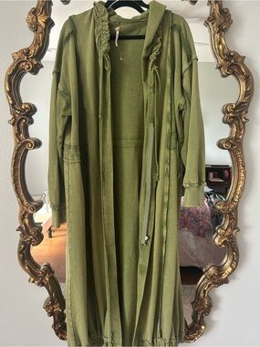 Free People Green Long Hooded trench Jacket Coat Sz Small